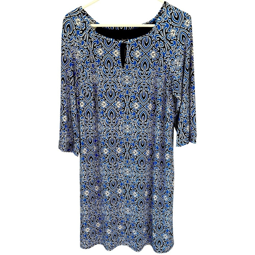 Laundry By Shelli Segal Black Blue Sheath Dress, 7/8 length sleeves,Women’s Sz M